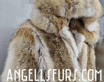 Men's HOODED COYOTE BOMBER Fullpelts Fur!Brand New Real Natural Genuine Fur!Order Any color!