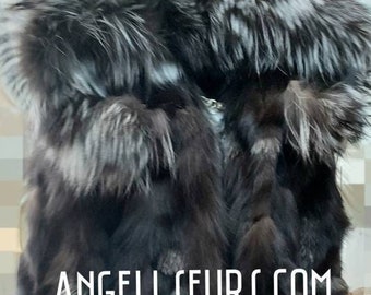 MEN'S LONG HOODED Silver Fox Fur Coat!Brand New Real Natural Genuine Fur!