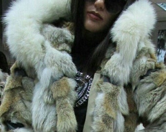 New,Natural Real Hooded Coyote Fur coat with black leather straps!