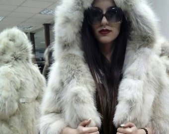 HOODED FOX JACKET!Brand New Real Natural Genuine Fur!