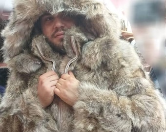 Coyote Fur Coat for Men Mens Winter Jacket Bomber Hooded 