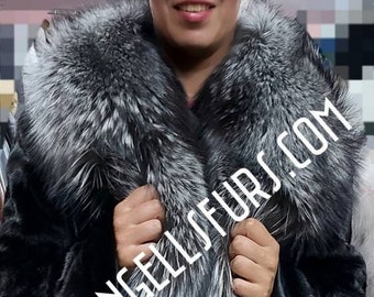 BLACK MINK Fur Coat with Big Silver FOX collar!Order Any color combinations! Brand New Real Natural Genuine Fur!