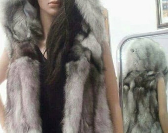 HOODED BLUE FOX Long Vest!Brand New Real Natural Genuine Fur!