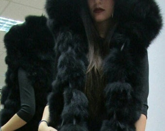 BLACK HOODED FOX Vest!Brand New Real Natural Genuine Fur!