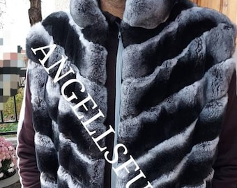 MEN'S LONG REX Fullpelts Vest!Brand New Real Natural Genuine Fur!