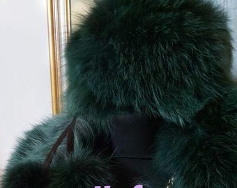 GREEN FOX HAT!Fluffy Brand New Real Natural Genuine Fur!Order Any color!