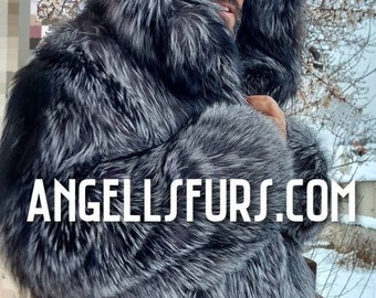 MEN'S SILVER FOX Hooded Fur Coat!Brand New Real Natural Genuine Fur!