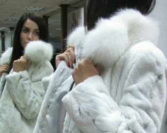 NEW!!!Natural Real MINK Fur jacket with fox collar!