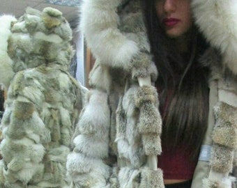 New,Natural Real Hooded Coyote Fur coat with leather stripes!!!