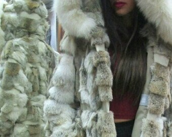 HOODED COYOTE FUR coat!Brand New Real Natural Genuine Fur