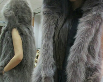 Dark NUDE color Hooded FOX Fur vest!Brand New Real Natural Genuine Fur