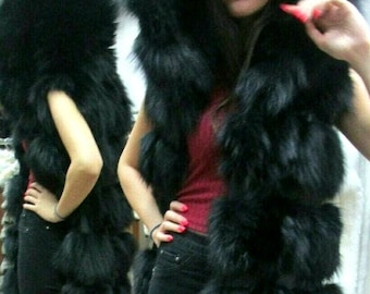LONG HOODED BLACK Fox Vest! Order Any color!Brand New Real Natural Genuine Fur
