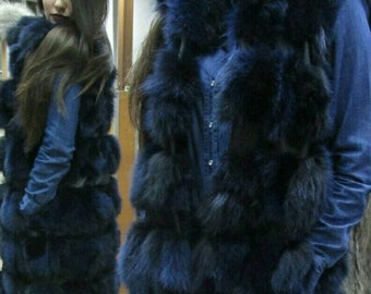 LONG BLUE FOX Fur Vest with leather straps!Brand New Real Natural Genuine Fur!