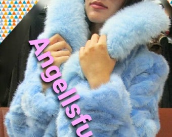 LIGHT BLUE MINK fur coat with Fox Collar! Order Any color!Brand New Real Natural Genuine Fur