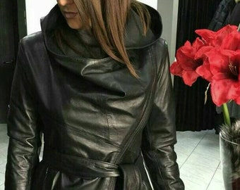 New!Natural Real  Modern Hooded Black Leather Jacket!