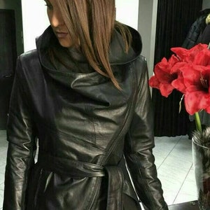 REAL HOODED BLACK Leather Jacket!Brand New Real Natural Genuine leather