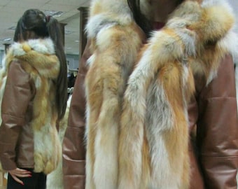 RED FOX JACKET with Leather Sleeves!Brand New Real Natural Genuine Fur!