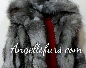 SILVER FOX HOODED Fur Jacket!Brand New Real Natural Genuine Fur!