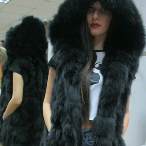 BLACK FOX HOODED Fur Vest!Brand New Real Natural Genuine Fur