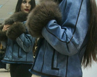 New! Natural Real Rabbit Fur-Leather short jacket with beautiful fox collar!!!