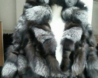HOODED SILVER FOX Cape!One Size!Brand New Real Natural Genuine Fur