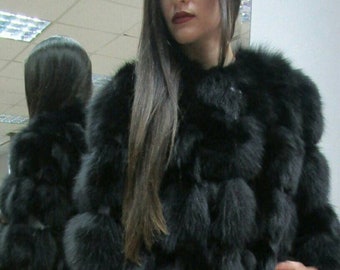 BLACK FOX FUR Short jacket!Brand New Real Natural Genuine Fur!