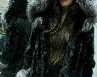 HOODED MINK Fur Jacket with Silver Fox!Brand New Real Natural Genuine Fur