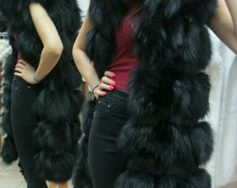 New Natural Real Hooded LONG BLACK FOX Fur Vest! Order Any color!