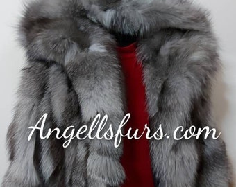 SILVER FOX HOODED Fur Jacket!Brand New Real Natural Genuine Fur!