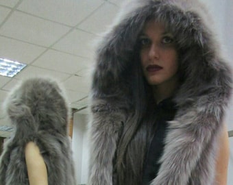 Dark NUDE color Hooded FOX Fur vest!Brand New Real Natural Genuine Fur
