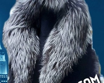 MEN'S Full Length Black FOX Hooded Fur Coat with Silver Foxes!Brand New Real Natural Genuine Fur,Order Any color!