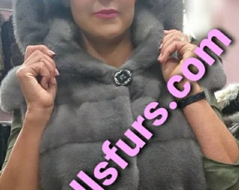 HOODED MINK Fullpelts Vest!Brand New Real Natural Genuine Fur!