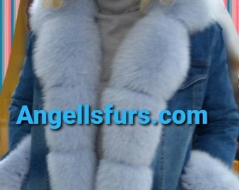 New in! Natural Real Jean jacket with full Fox collars! Order any color fox trims!