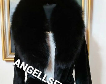 BLACK Rabbit Fur Coat with FOX!Brand New Natural Genuine Fur!