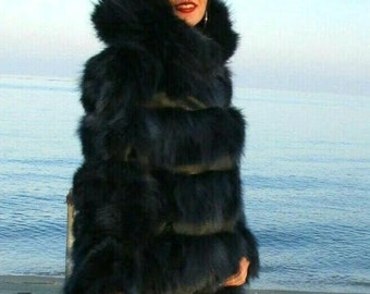 HOODED Blue Black FOX FUR Coat!Brand New Real Natural Genuine Fur!