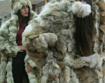 COYOTE FULL LENGTH Fur coat with Hat!Brand New Real Natural Genuine Fur!