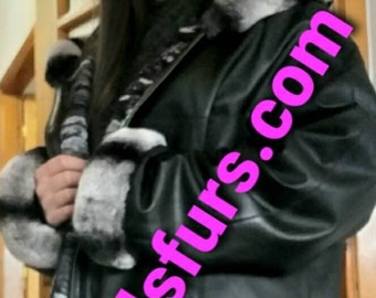 DOUBLE FACE HOODED Leather Coat lined with Rex fur!Brand New Real Natural Genuine Fur