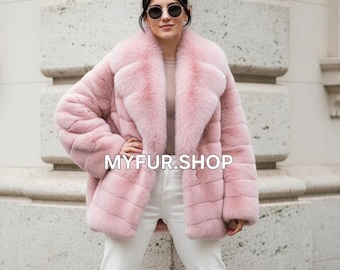 REX FULLPELTS Furcoat with FOX Collar!Brand New Real Natural Genuine Fur!