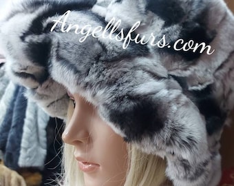 BUCKET REX FUR Hat in Beautiful chinchilla colors!Brand New Real Natural Genuine Fur!