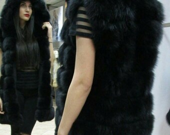 BLACK DIAMOND!New,Natural,Real Black Hooded  FULLSKIN Fox Fur Vest!