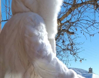 HOODED MINK FUR in Cream white with Fox!Brand New Real Natural Genuine Fur!