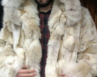 MEN'S HOODED LONG Fox Fur Coat!Brand New Real Natural Genuine Fur!