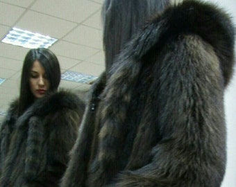 New!Natural Real Fullskin RACCOON Hooded Fur Coat!!!