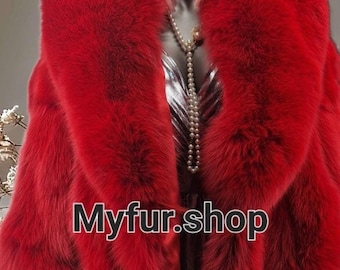 RED Color FOX FUR Coat!Brand New Real Natural Genuine Fur!