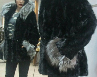 HOODED MINK FUR Fur Jacket with Silver Fox!Brand New Real Natural Fur!