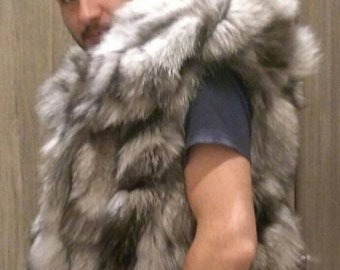 MEN'S New!Real, Natural HOODED Silver Fox VEST!!