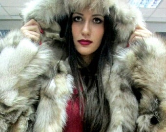 Hooded Crystal Fox Fur coat!Brand New Real Natural Genuine Fur