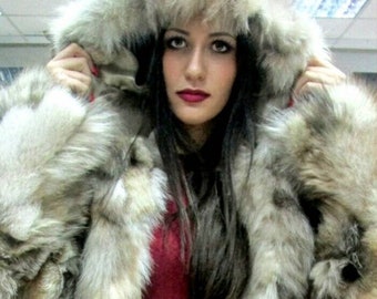 NEW!!!Natural Real Hooded Crystal Fox Fur coat!