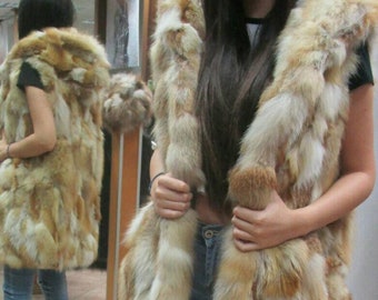 RED FOX HOODED Long Vest!Brand New Real Natural Genuine Fur!