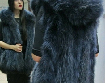 Raccoon BLUE COLOR HOODED  Fur Vest!